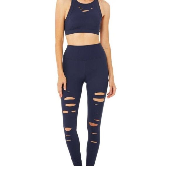 ALO Yoga navy blue leggings rips on front medium m high tries waist tights - Picture 4 of 6